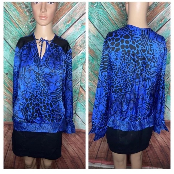 Vintage Cache Silk Wrap Blue & Black Print Faux Leather - Picture 2 of 4